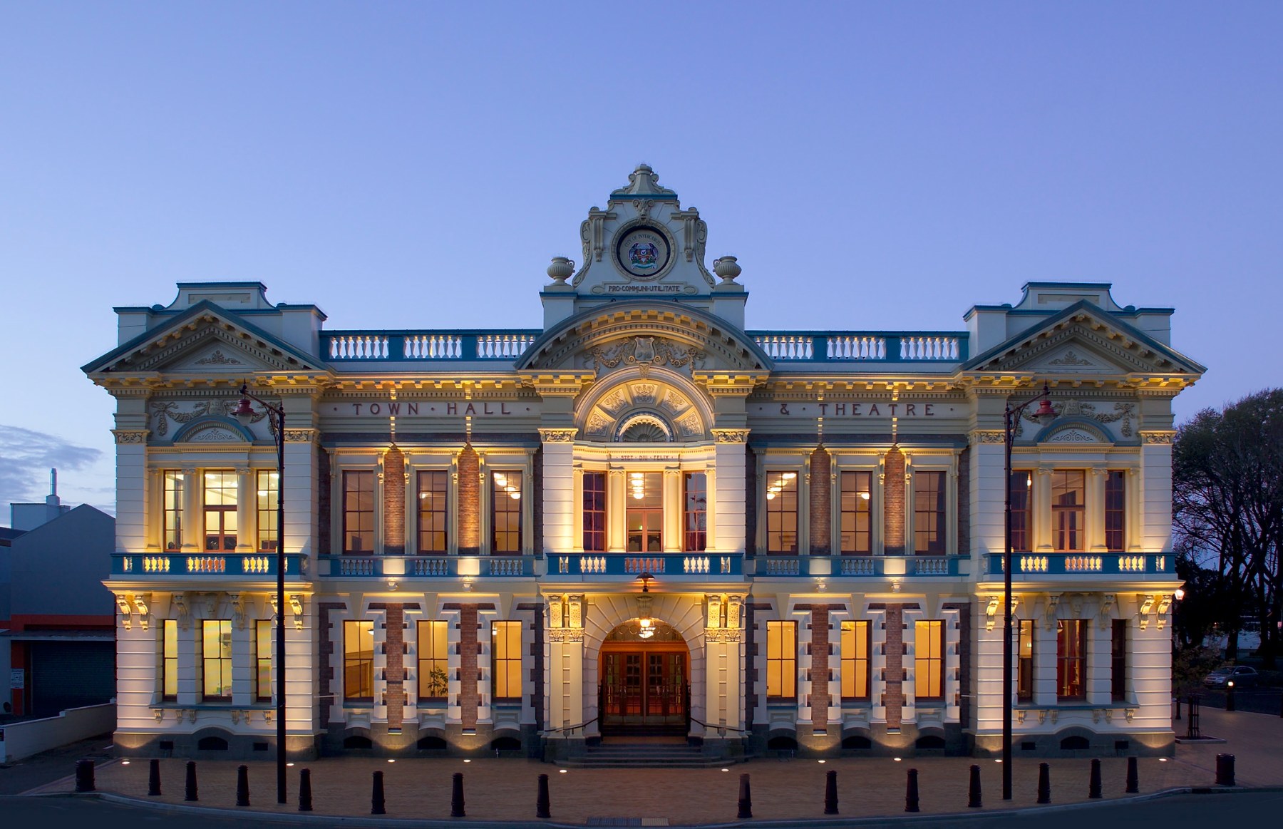 Theatre building lit up at dusk